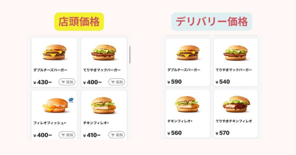 デリバリーメニューは店の料金よりも数十円高い！