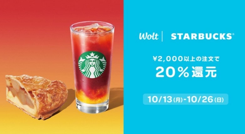 【Wolt×STARBUCKS】2,000円以上の注文で20%還元