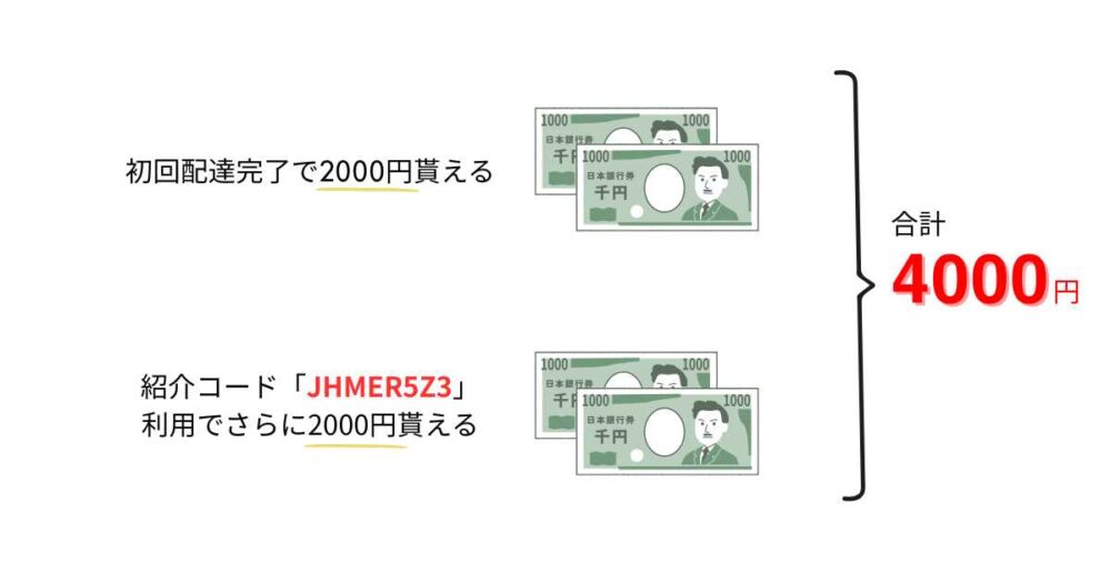 初回配達で4000円がもらえる！