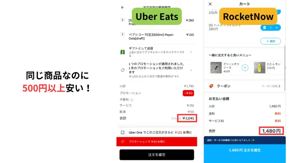 ウーバーイーツとロケットナウの比較